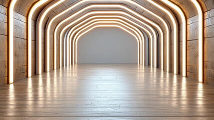 modern interior space with illuminated arches and wooden flooring