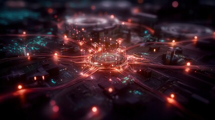 Obraz premium Futuristic AI Network Digital Cityscape Data Streams Neural Connections