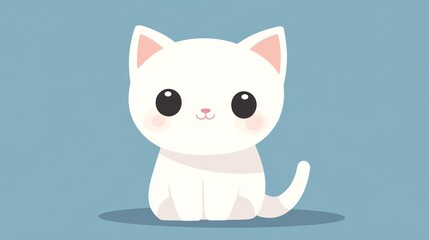 Fototapeta premium A Cute Cartoon White Kitten Sitting Against A Blue Background