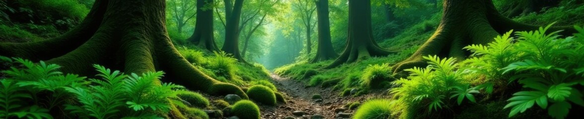Fototapeta premium Lush ferns and moss growing around ancient trees, ferns, wilderness, foliage