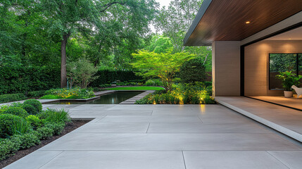 minimalist garden featuring clean pathways, lush greenery, and serene water