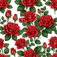 Naklejka premium Seamless Pattern of Red Roses and Green Leaves