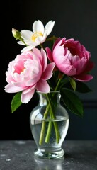 Obraz premium Luxurious peony and gardenia flowers in a crystal vase, opulent, sophisticated, refined