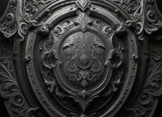 Obraz premium Intricate Black and White Engraved Shield Design , pattern, baroque, border