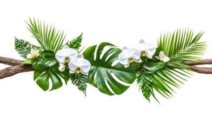 Exotic white orchids with vibrant green leaves arranged beautifully on isolated background.