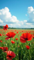 Fototapeta premium Red poppy blooms in a field against a clear blue sky and fluffy white clouds, wildflower, botanical, cloud