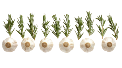 Six fresh garlic bulbs with green leaves arranged in a row, white isolate background for clear presentation.