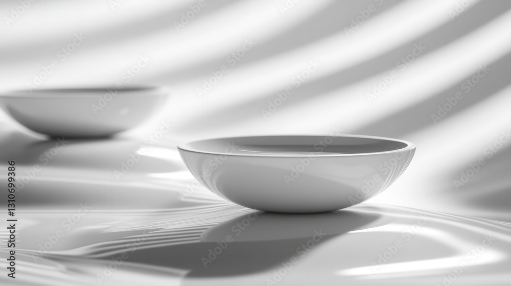 Poster Floating minimalist bowls with elegant reflections and soft shadows on a white background creating a futuristic aesthetic