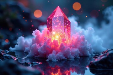 Iridescent holographic mist surrounds a glowing crystal formation , iridescent, formation, mist