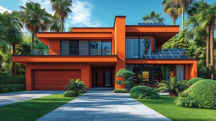 Vibrant orange modern house gleams brightly under tropical sun. AI Generated