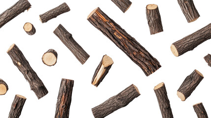 Assorted wooden logs arranged on a white isolate background for various creative uses.
