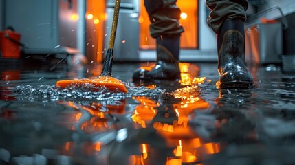 Flooded kitchen, worker mops up water damage