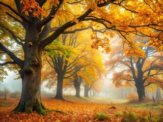 Misty Autumn Forest: Foggy Treescape with Golden Leaves Stock Photo