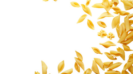 Various types of pasta scattered on a black background, creating a visually appealing arrangement.