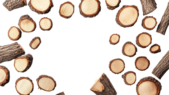 Round arrangement of wooden logs on a black background, showcasing natural texture and variations in wood grain.