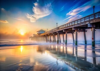 Fototapeta premium Misty Daytona Beach Pier Sunrise, Foggy Morning Seascape, Coastal Florida