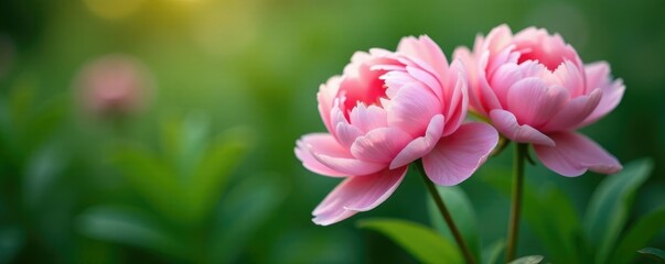 Fototapeta premium Soft pink peony flowers in full bloom on a lush green background, foliage, delicate