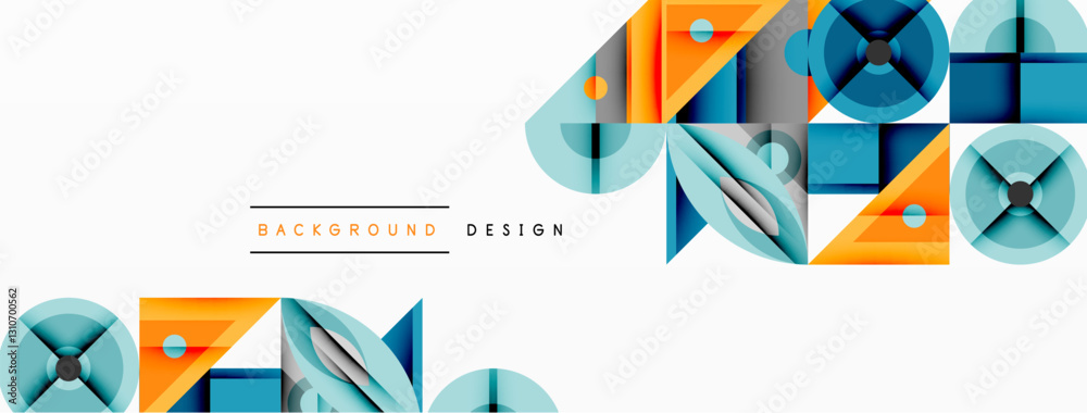 Poster Geometric abstract composition with intersecting shapes, circles, triangles, and gradients, blending vibrant colors and dynamic contrasts to create a modern, futuristic visual design