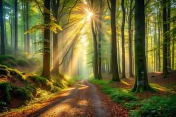 Naklejka premium Misty Forest Path Sunlight Panoramic Landscape Photography