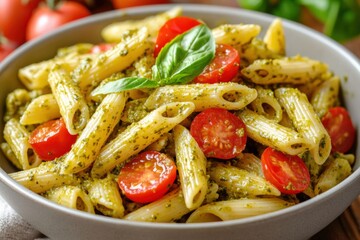 Delicious Penne Pasta with Fresh Basil and Cherry Tomatoes: A Colorful Mediterranean Dish Perfect for Lunch or Dinner