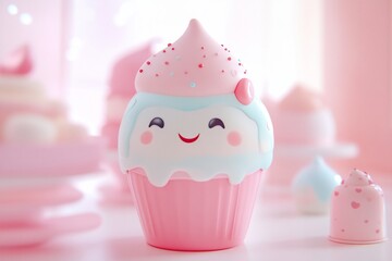 Cute pink cupcake character with happy face, sprinkles, and icing, on a table with other desserts.
