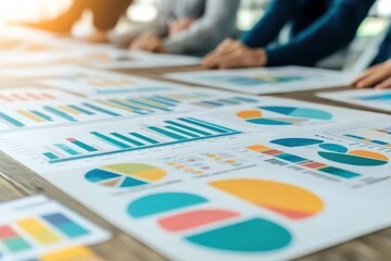 Team of Diverse Professionals Collaborating on Business Strategy Over Colorful Charts and Graphs in a Bright Office Environment