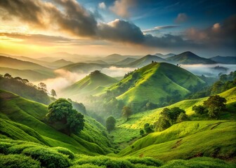 Misty Green Hills of Western Ghats, India: Early Morning Adventure Stock Photo