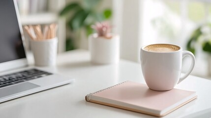 Fototapeta premium Cozy Workspace with Cup of Coffee and Notebook on Desk Surrounded by Plants and Soft Natural Light for a Productive and Inviting Atmosphere