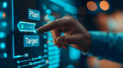 A hand is pressing a button on a digital interface labeled "Plan" and "Target," suggesting a focus on strategic decision-making and goal setting.