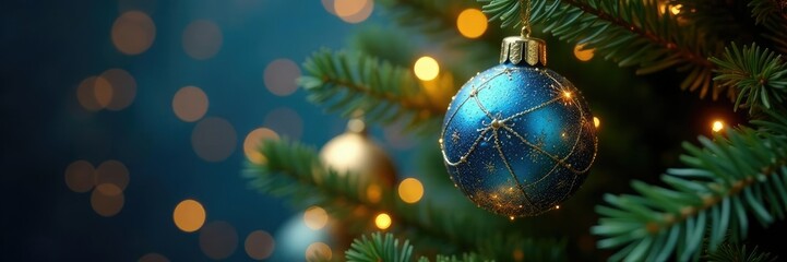 Obraz premium The soft glow of fairy lights illuminates the delicate curves of a gold and blue ornament on a Christmas tree, blue ornament, ornamental decoration
