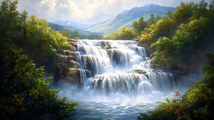 Fototapeta premium Majestic Waterfall Cascading Through Lush Mountain Landscape