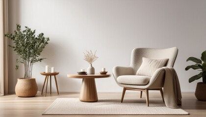 cozy interior featuring a comfortable armchair round table and neutral decor against a white wall