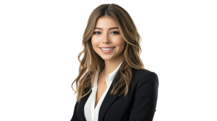 Professional woman in a business suit smiling confidently on a white isolated background.