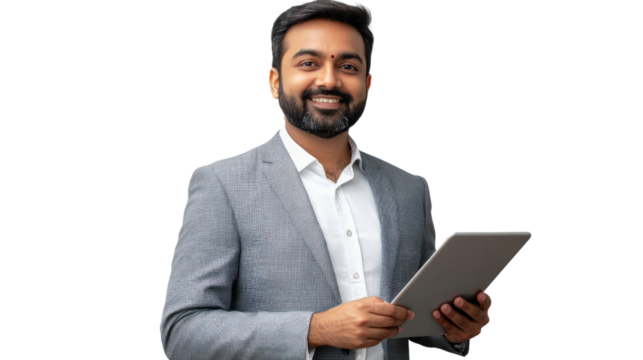 Confident professional man smiling while holding a tablet, standing against a white background.