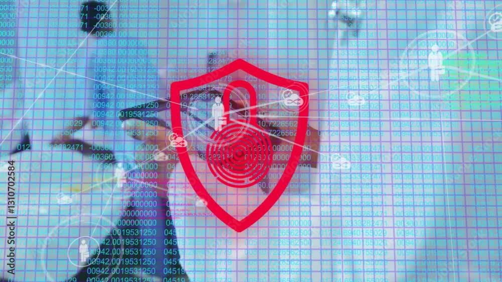 Aufkleber fingerprint animation over digital security shield with binary code background