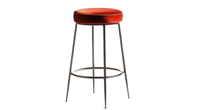 Stylish red bar stool with sleek metal legs, perfect for modern interiors and casual dining spaces.