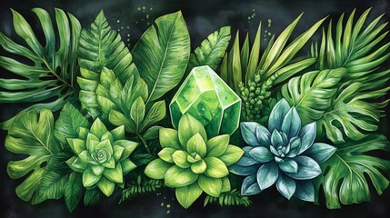 Fototapeta premium Luminous Green Crystal nestled among lush tropical foliage vibrant artwork. AI Generated