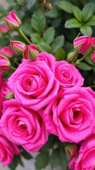 Fototapeta premium A bouquet of fresh pink roses with leafy greens and flower buds,, flowers, blooms