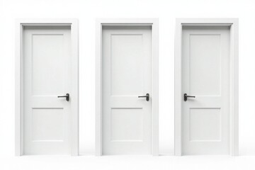Modern white wooden door collection set isolated on white background with open and closed positions, wall decoration, white door collection, minimalist decor