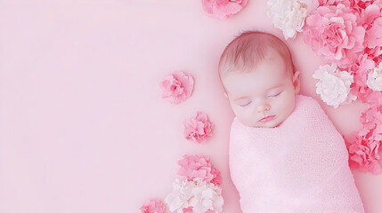 Fototapeta premium Sweet Baby Girl Wrapped in Pink Blanket Surrounded by Flowers