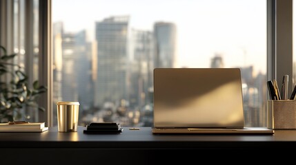 Modern laptop on desk overlooking city skyline at sunrise.