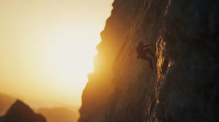 Silhouetted rock climber ascends steep cliff face during vibrant sunset.