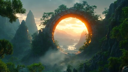 Mystical stone arch frames vibrant sunset over tranquil valley landscape. AI Generated