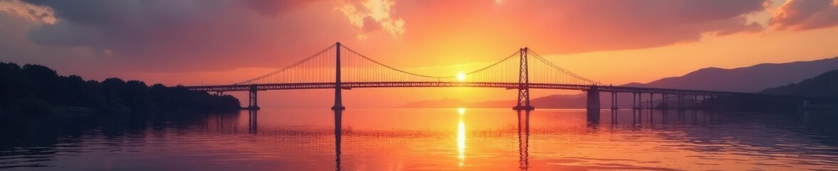 Fototapeta premium Bridge crossing a bay during sunrise with warm light and gentle ripples, bridge, colors, water
