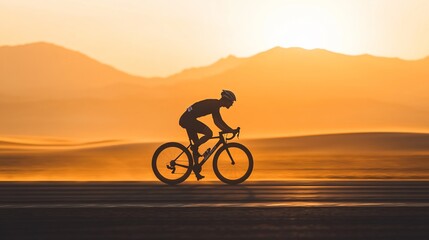 Obraz premium Cyclist silhouetted against a vibrant sunset while cycling on a desert road.