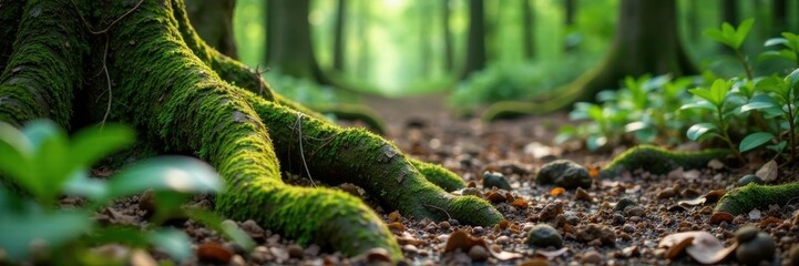 Muddy forest floor with moss-covered tree roots, mud, foliage, earthy