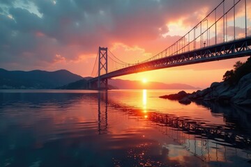 Obraz premium Bridge crossing a bay during sunrise with warm light and gentle ripples, reflection, landscape, colors