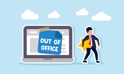 A businessman carries a star walking away from a laptop displaying OUT OF OFFICE, illustration of resigning from an office or company with strong individual quality