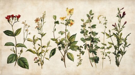 A charming collection of antique-style botanical drawings with faded parchment textures.