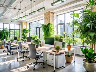Modern Bright Office Interior with Green Plants & Workstations - Daylight Stock Photo